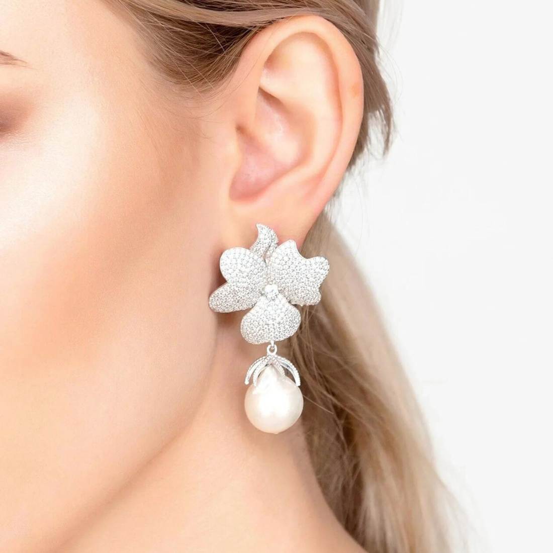 Baroque Pearl White Flower Drop Earrings in Silver