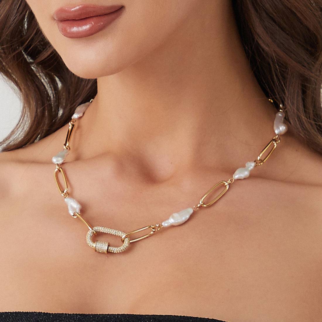 Liz Gold Lock Necklace LLC Santos Gem-Encrusted - Baroque Carabiner Style Pearl