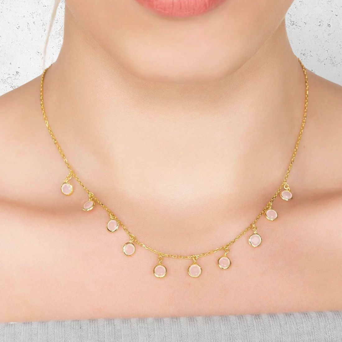 Florence Round Gemstone Necklace - Gold Rose Quartz