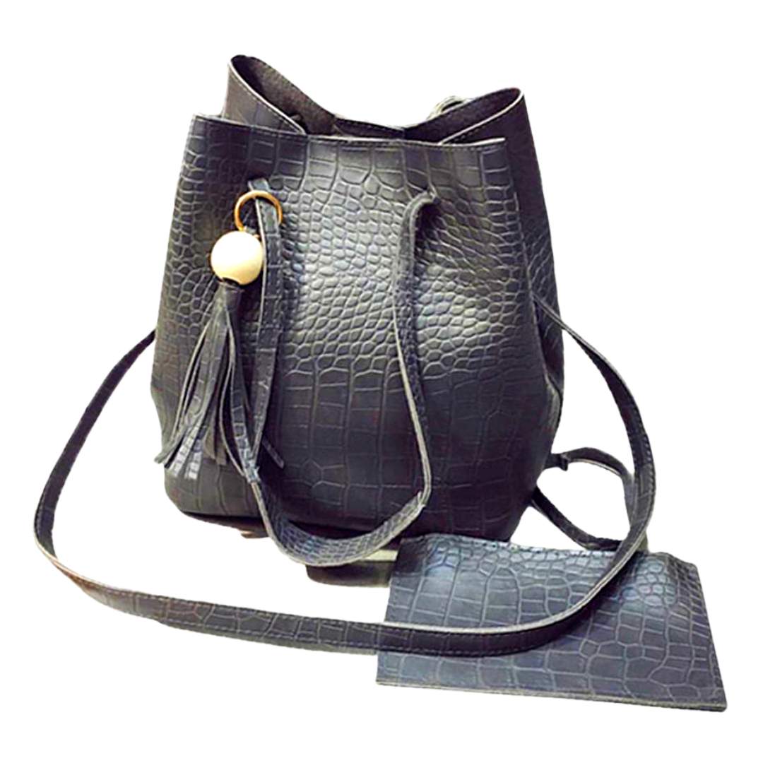 Black Embossed Croc Bucket Purse