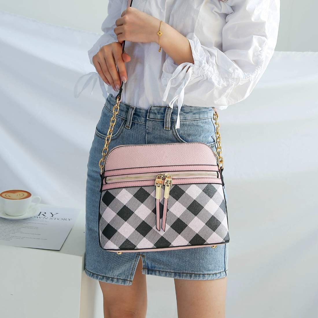 Plaid Pattern Crossbody Bag, Women's Multi Pockets Purse, Studded