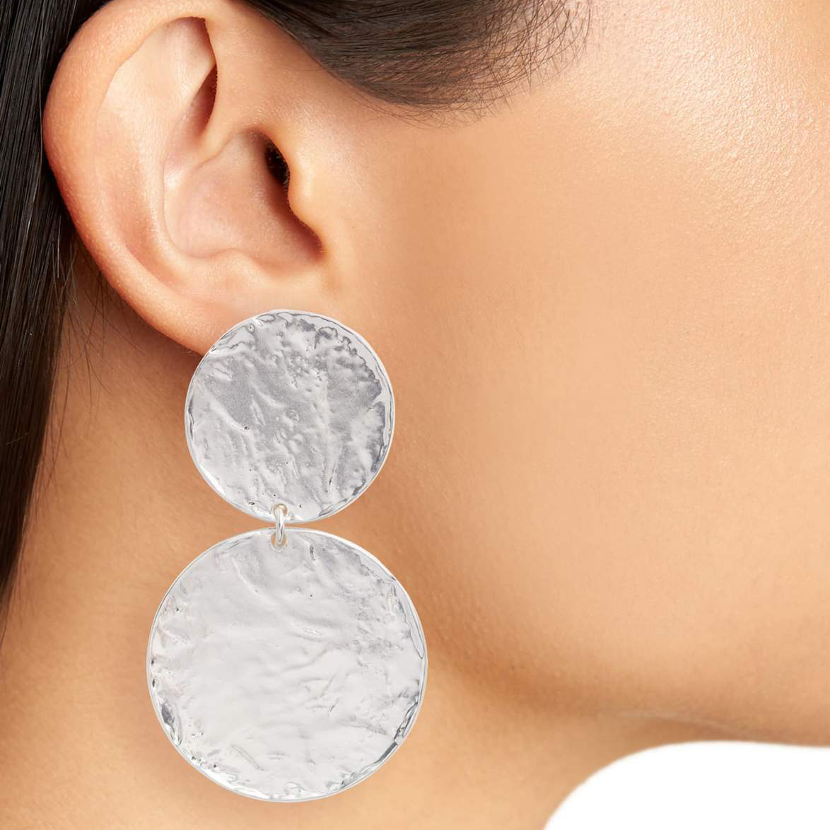 Double disc textured post earrings in silver