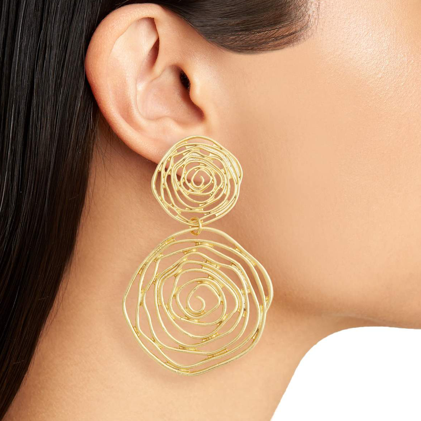 Floral Swirl Spiral Dangle Drop Earrings in Gold