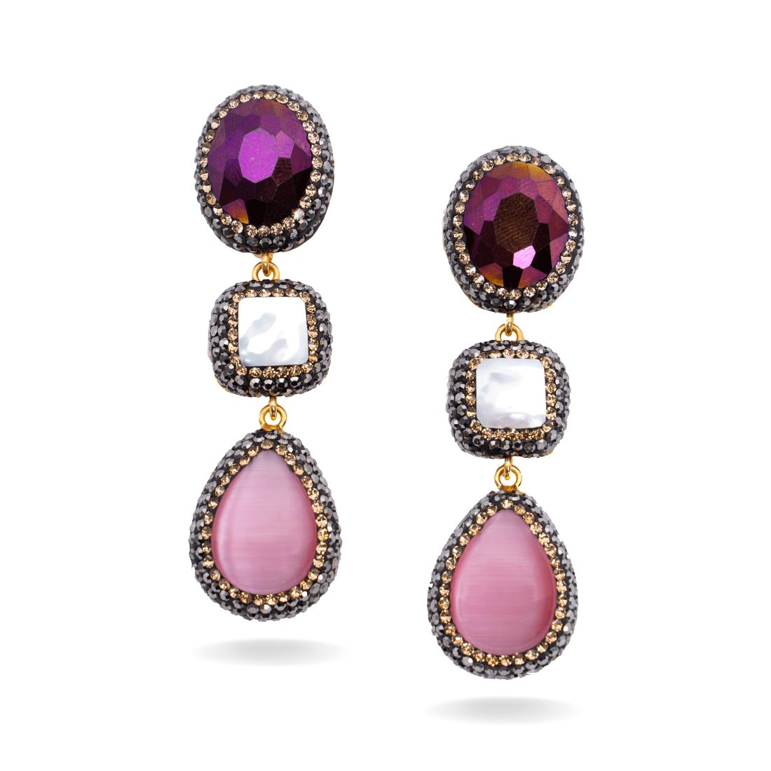 Triple Gemstone Drop Earrings in purple and pink
